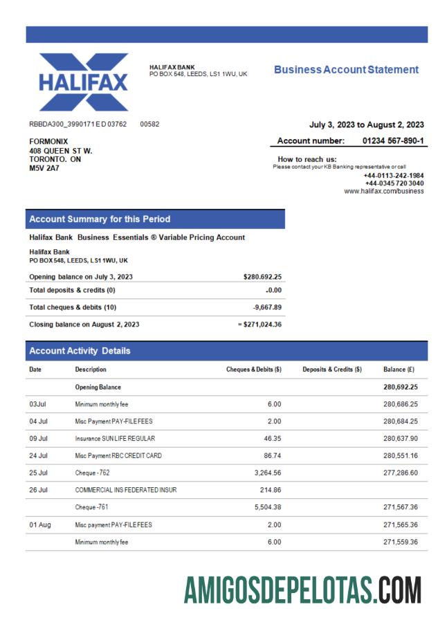 Baixável Halifax Bank Organization Statement modelo Word e PDF
